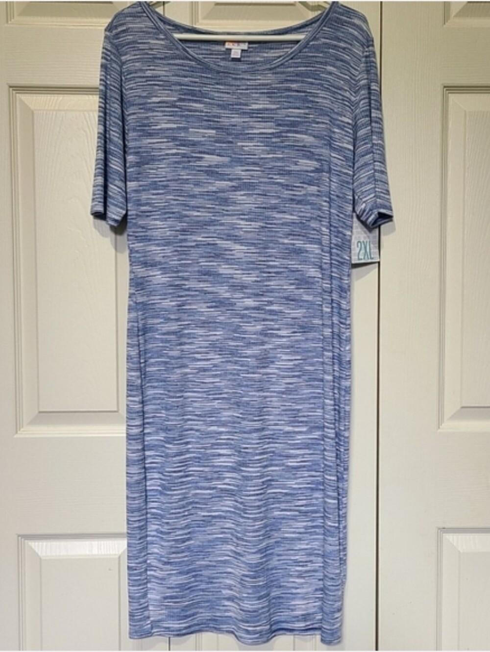 Blue & Cream Patterned Short Sleeve Knee Length Casual Knit Pencil Dress 2XL NWT - Picture 6 of 6